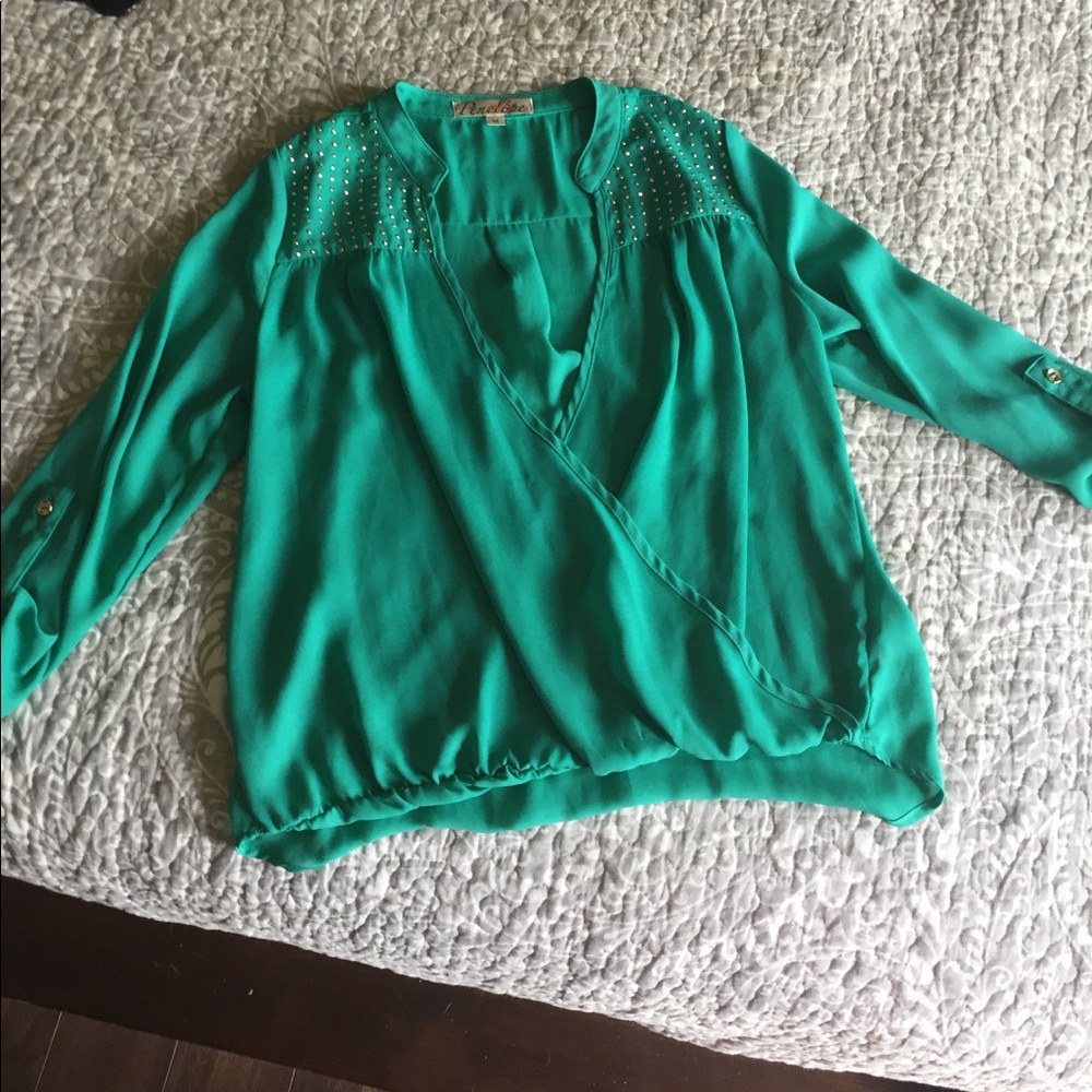 Teal flowy formal blouse!