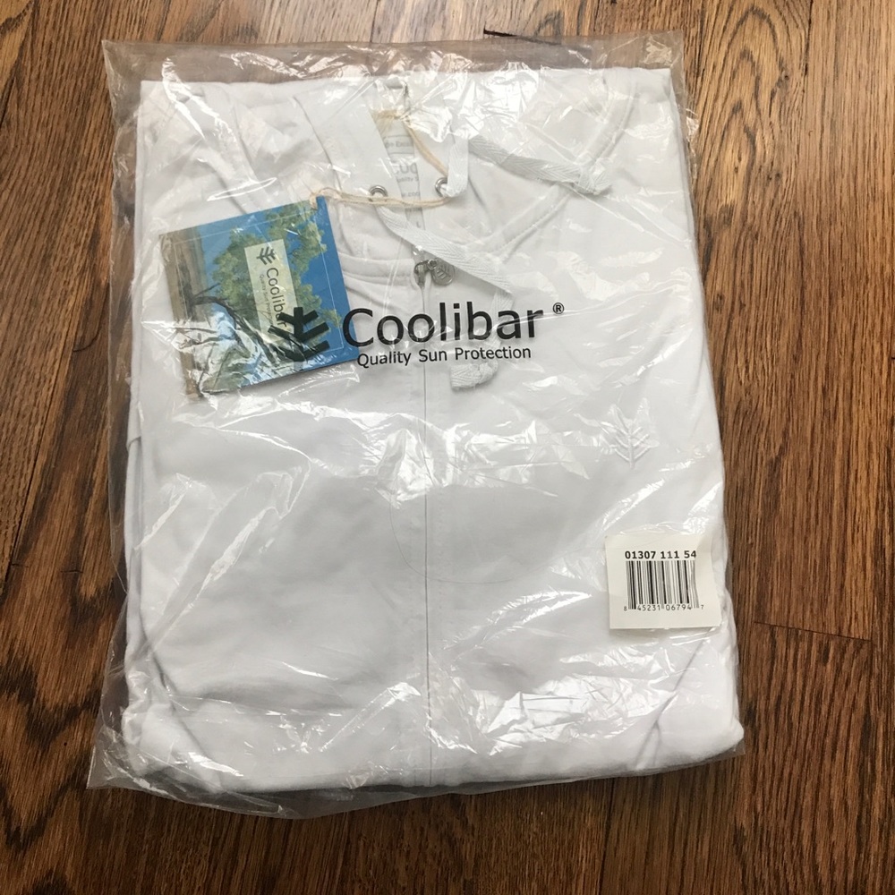 White Coolibar UV protection jacket with hood.