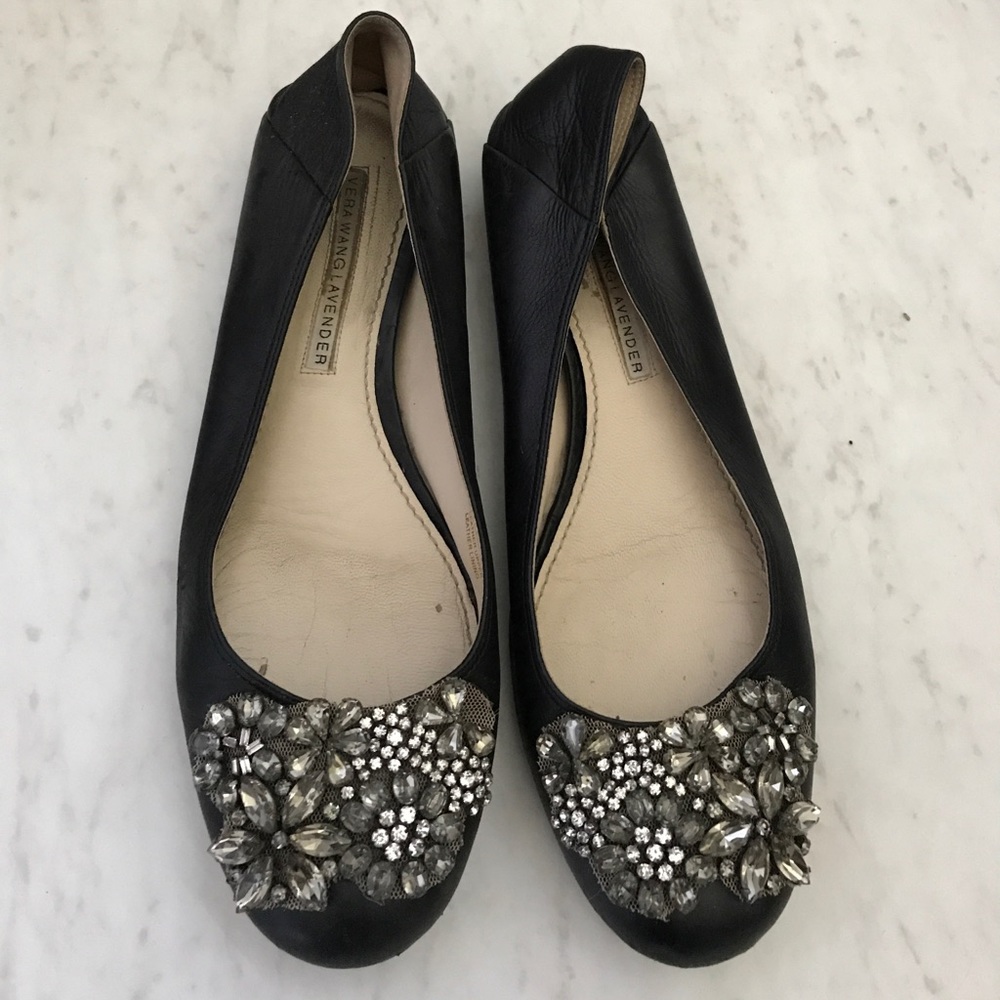 Vera Wang Lavender Black flats w/ smoky rhinestone