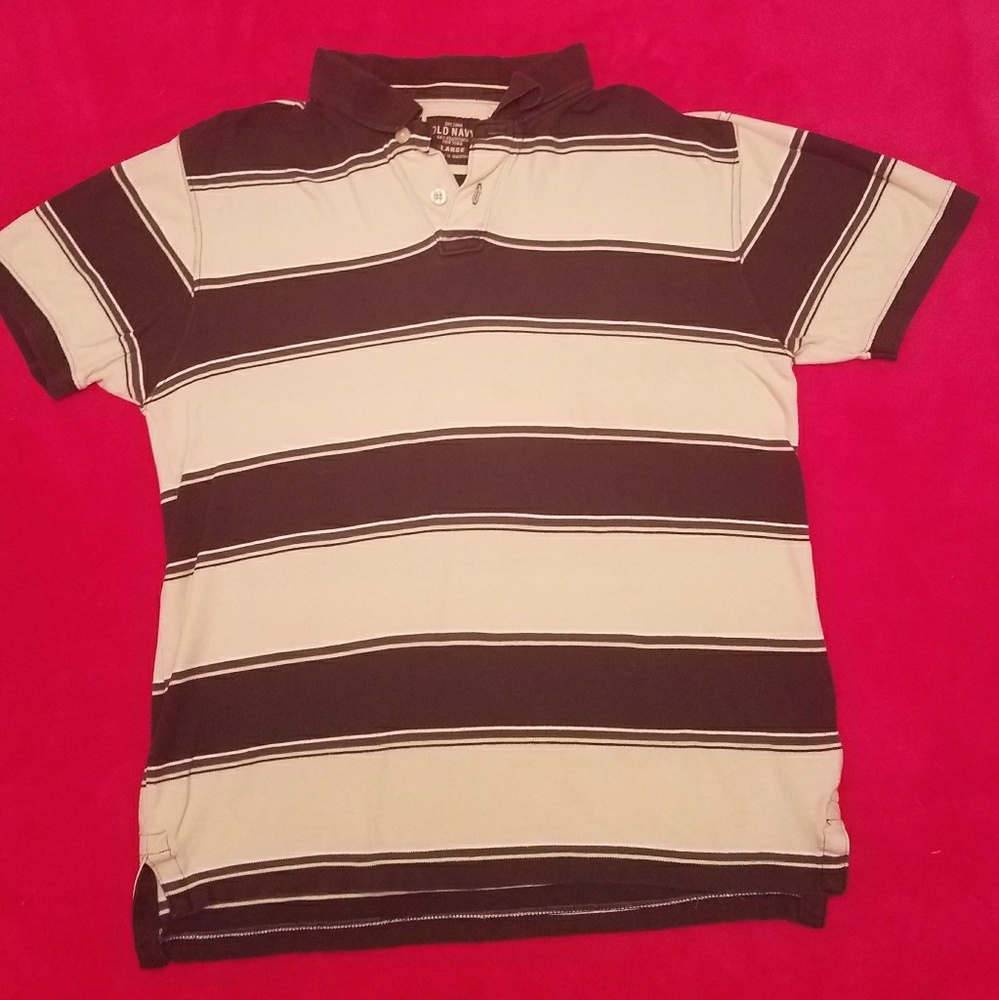 Men's Large Old Navy Polo 👕 Tan w/brown stripes