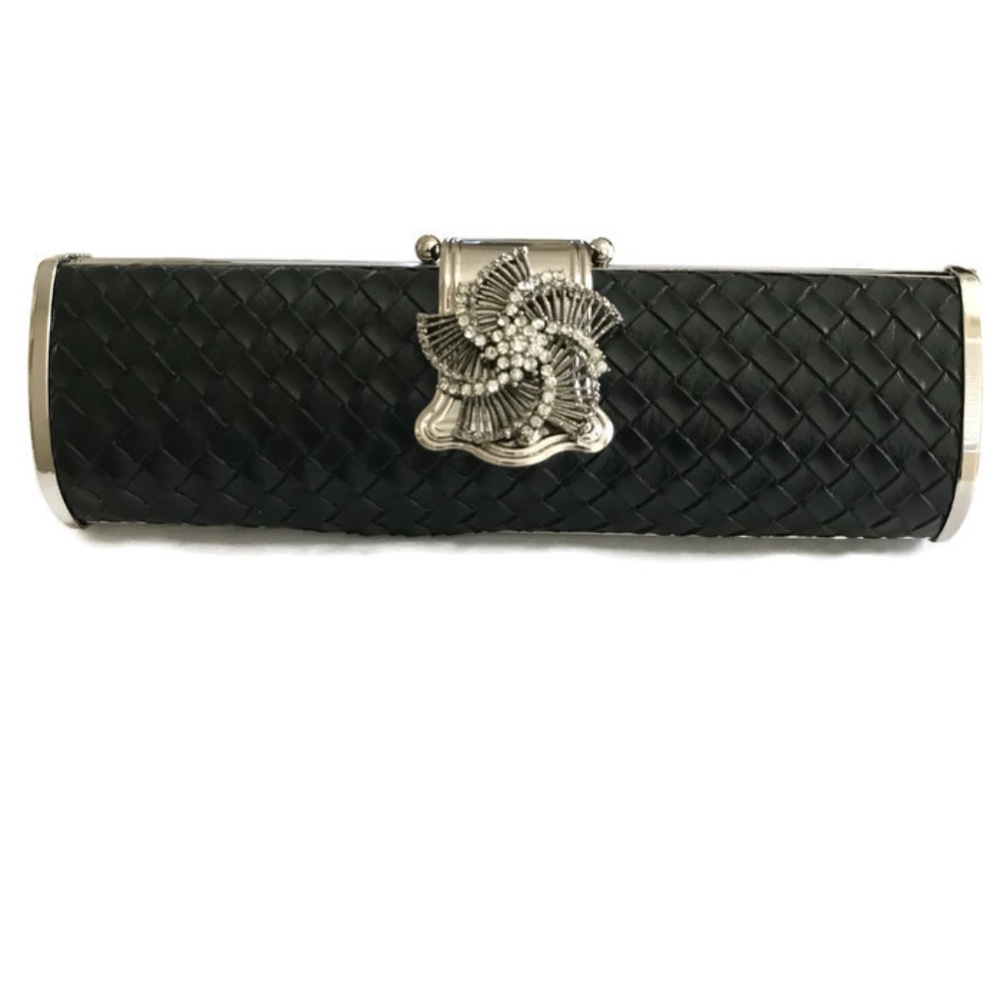Clutch Evening Purse Black Woven Vegan Leather