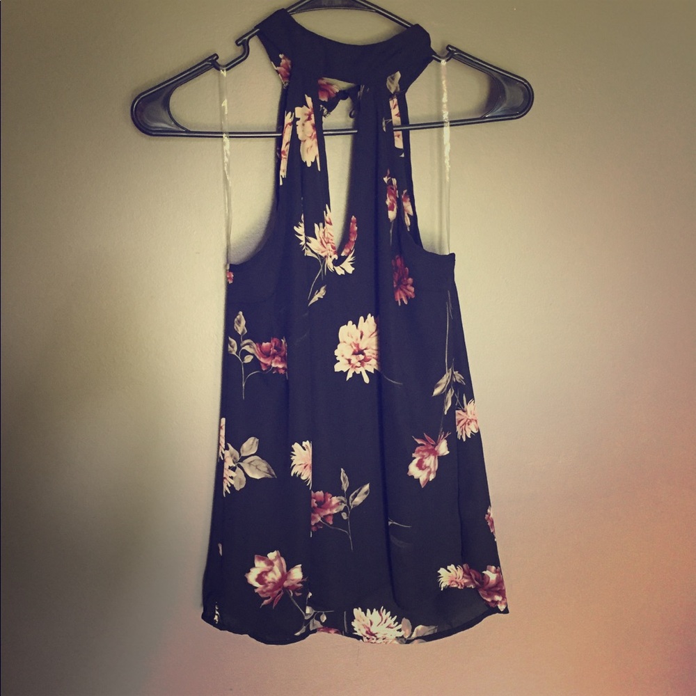Black floral mock/ V -neck top