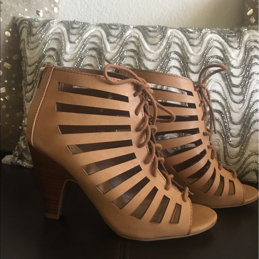 Camel Lace Up Tie Open Toe Ankle Booties