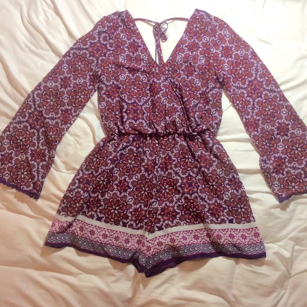 Pink Flowy Boho Wrap Romper with Bell Sleeves