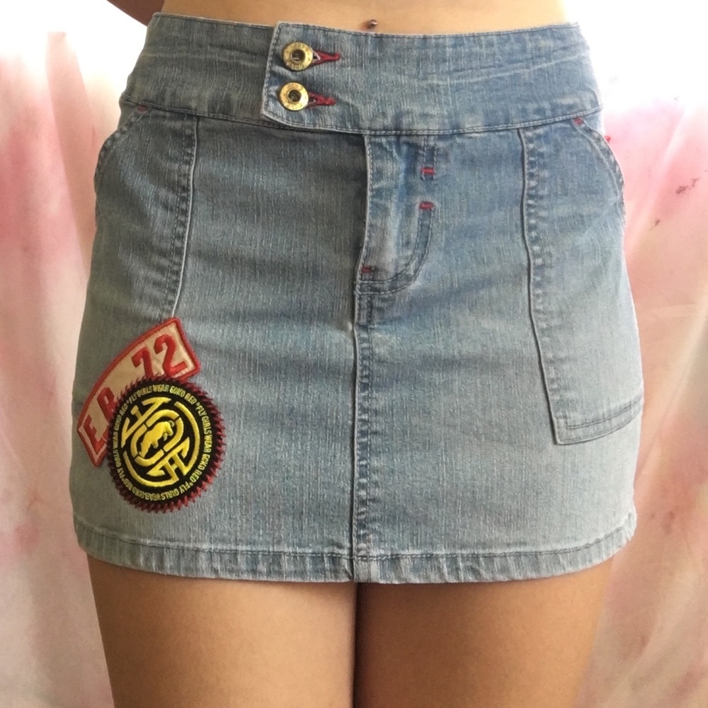 ecko red denim skirt with patches