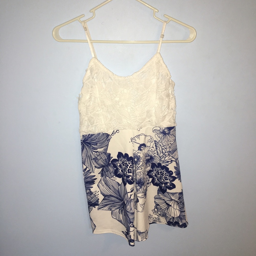 White Lace and Blue Floral Romper