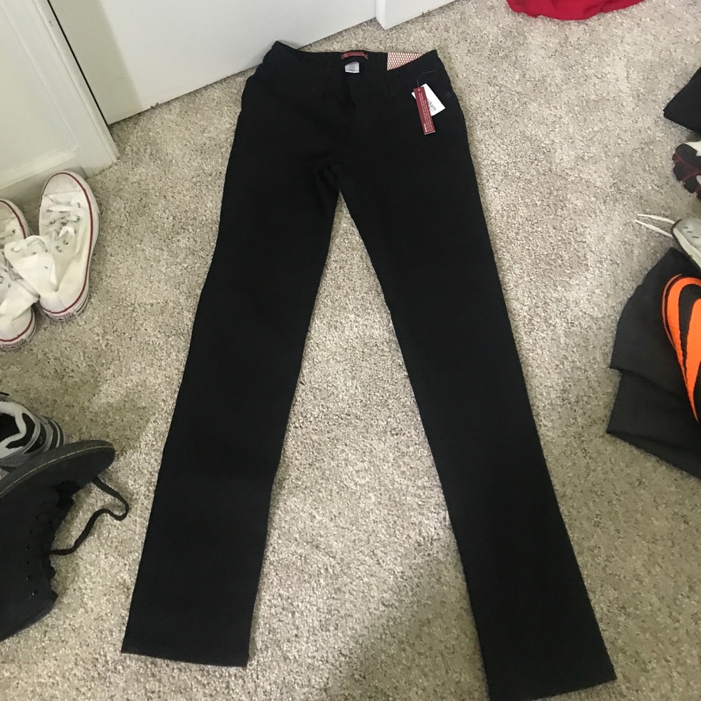 All black straight fit pants.