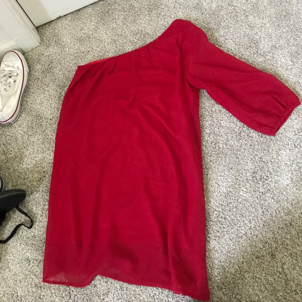 One shoulder, red dress