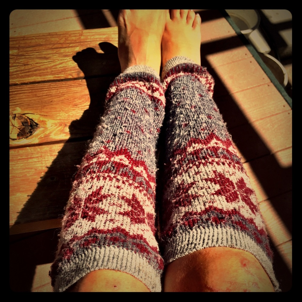 Grey and burgundy winter leg warmers