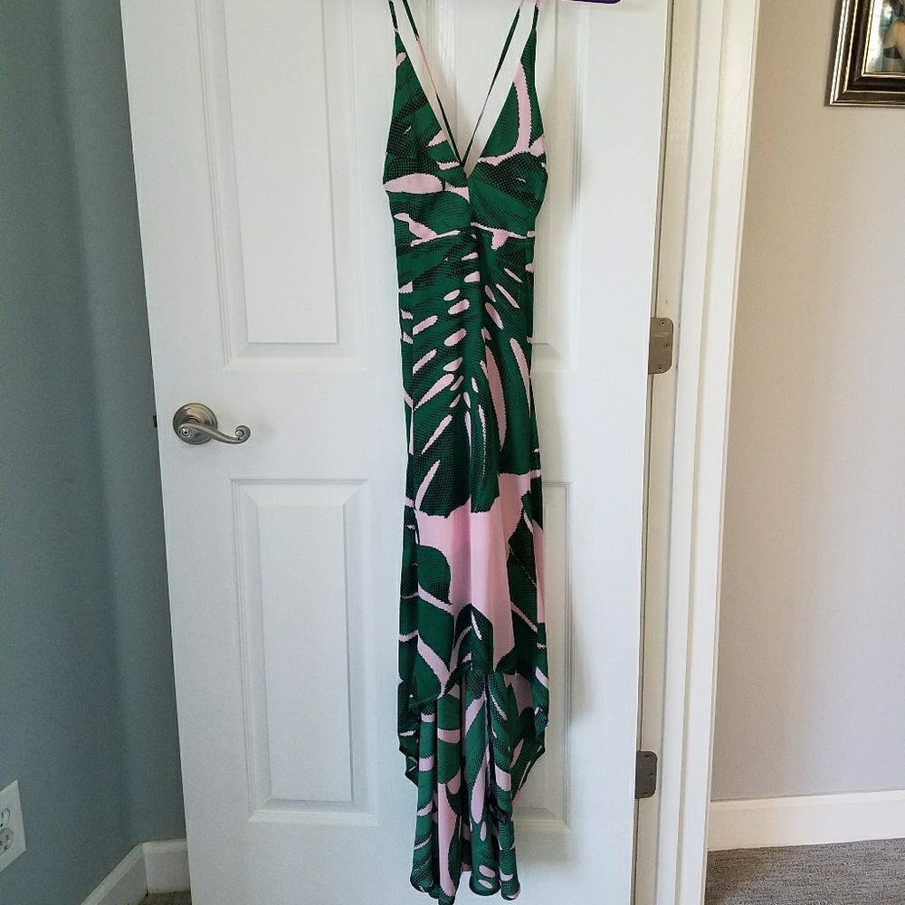 Flowy pink and green print dress