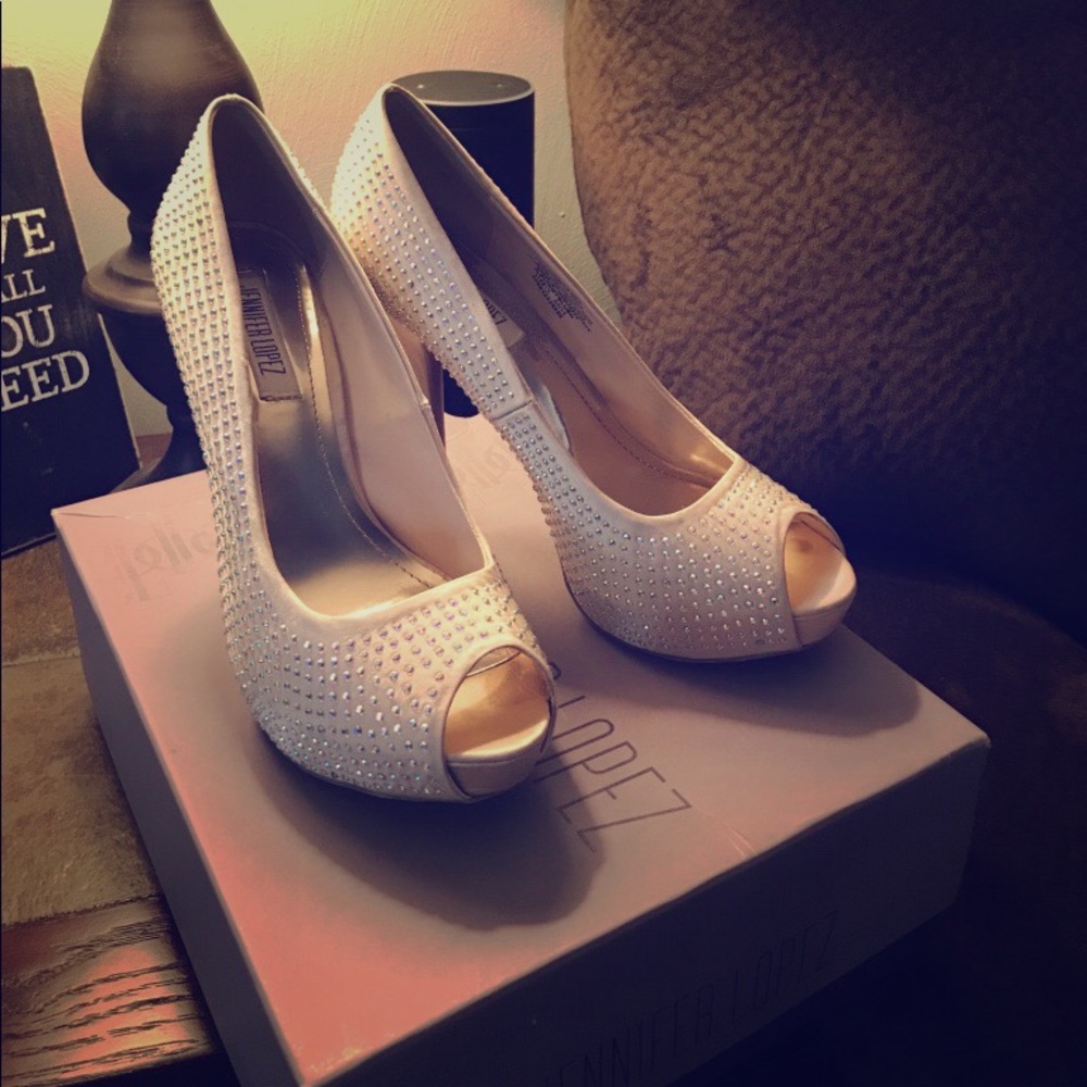 Peep-Toes. Champagne Colored Satin Platform Pumps