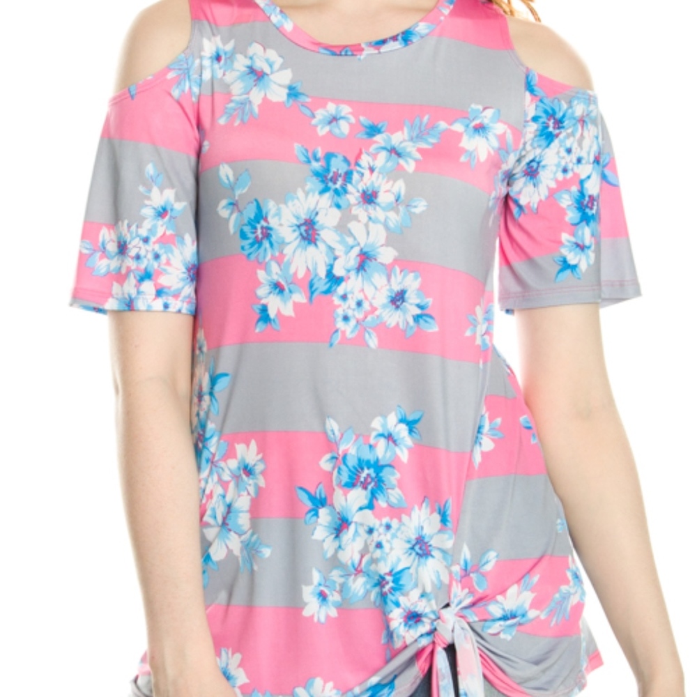 Grey/Pink Floral Print Striped Cold Shoulder Top