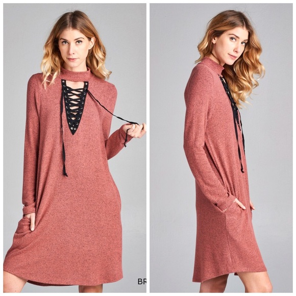 🎉SALE! Brushed Hacci Sweater Pocket Dress- Brick - Picture 2 of 2