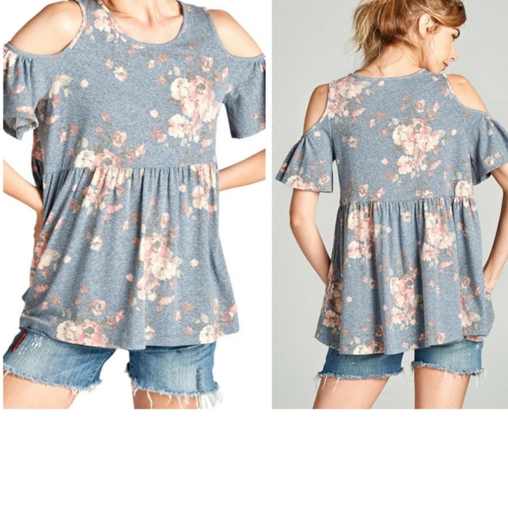 New Denim Cold Shoulder & Floral Print Top