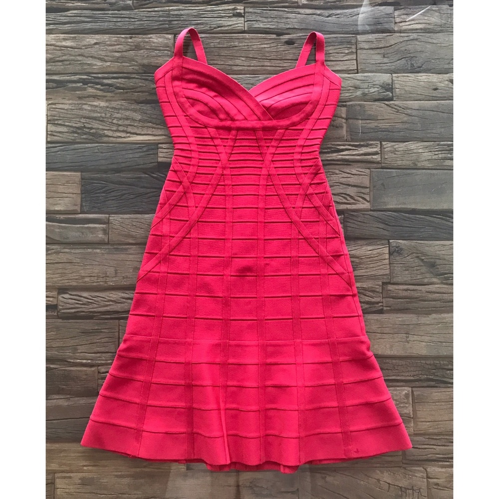 Herve Leger V-Neck Flared Skirt Bandage Dress