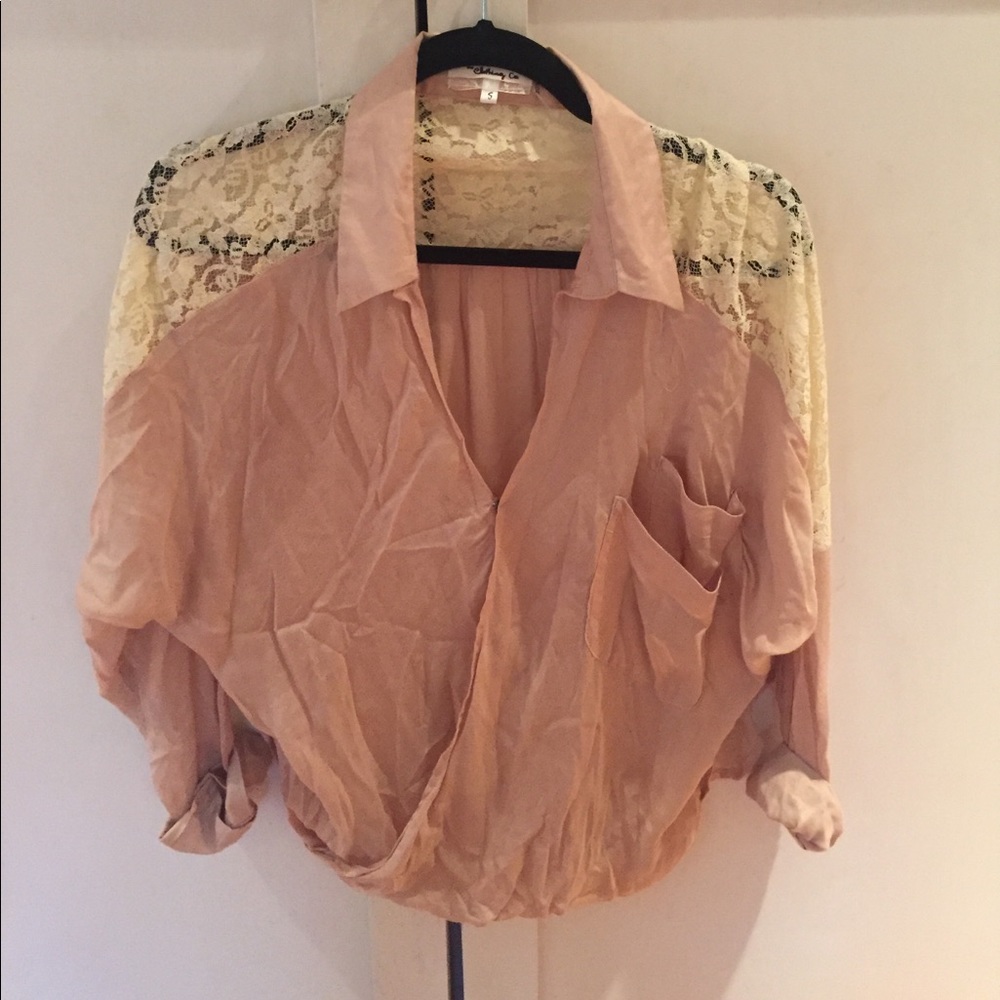 Tan blouse with cream lace on shoulders