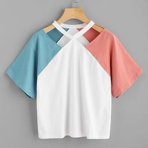 Contrast Sleeve Cut Out Neck Tee
