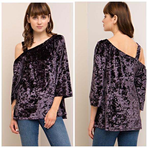 SALE!  Eggplant one shoulder velvet top - Picture 4 of 5
