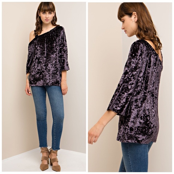 SALE!  Eggplant one shoulder velvet top - Picture 5 of 5