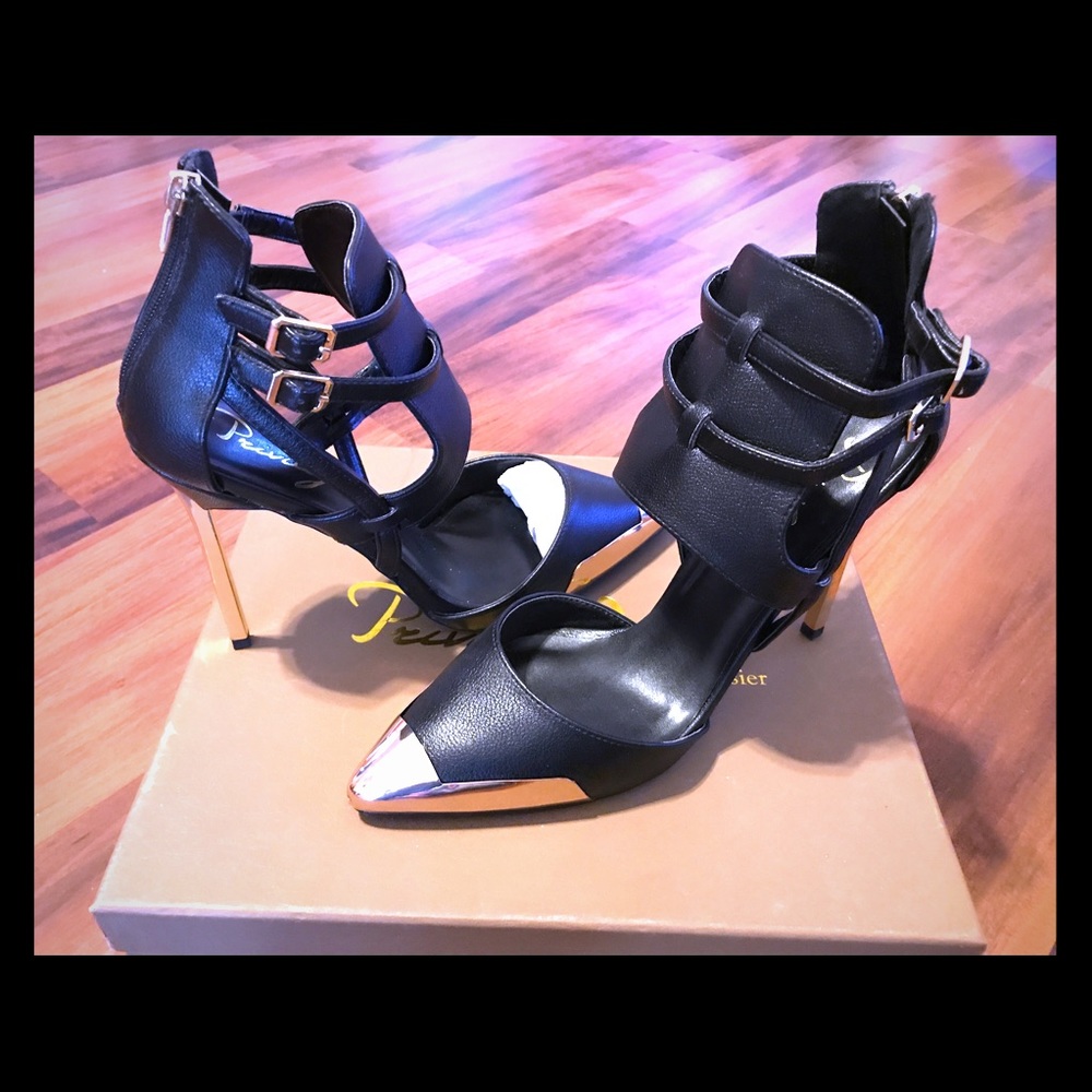 Black and gold ankle cuff heels