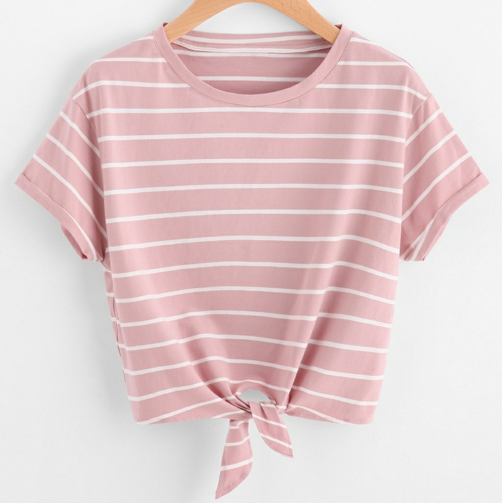 Pink Knot Front Cuffed Sleeve Striped Tee