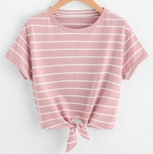 Pink Knot Front Cuffed Sleeve Striped Tee