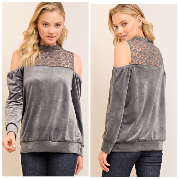 LAST 1! ❤️Silver Velvet Cold Shoulder Crochet Top - Picture 2 of 3