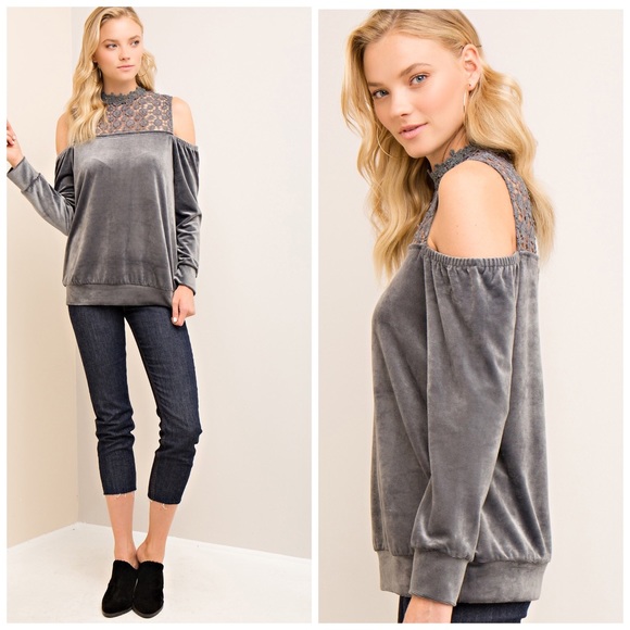 LAST 1! ❤️Silver Velvet Cold Shoulder Crochet Top - Picture 3 of 3