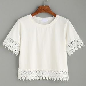 White Crochet Trim Crop Tee