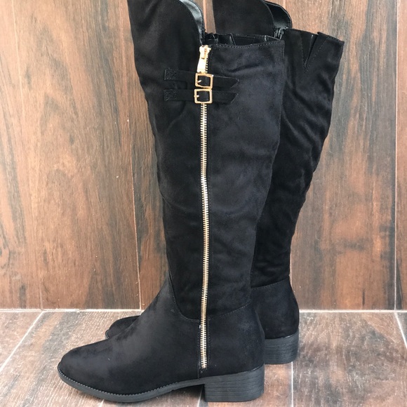 Distressed Black Knee High Boot With Gold Zipper - Picture 3 of 7