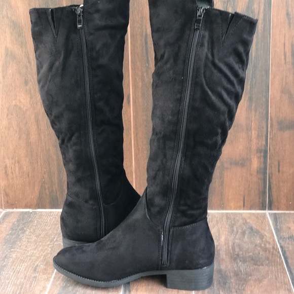 Distressed Black Knee High Boot With Gold Zipper - Picture 4 of 7