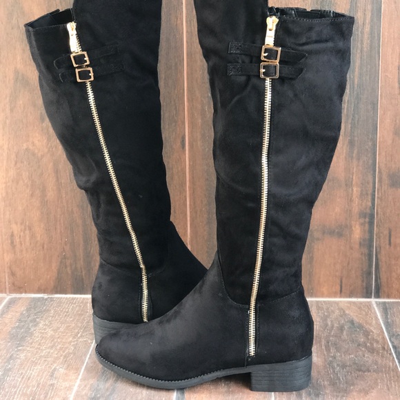 Distressed Black Knee High Boot With Gold Zipper - Picture 5 of 7