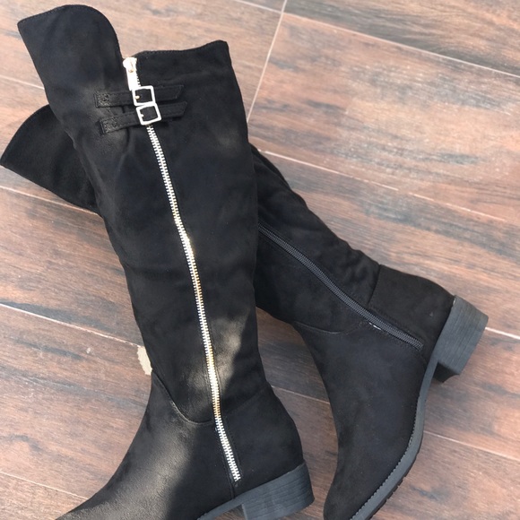 Distressed Black Knee High Boot With Gold Zipper - Picture 2 of 7