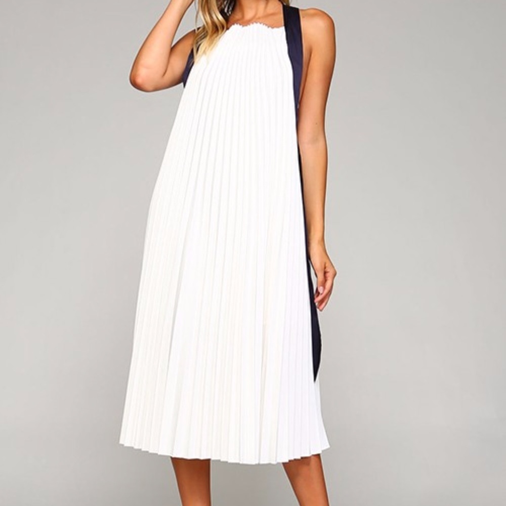 Pleated White Maxi Dress with Blue Sash Detail
