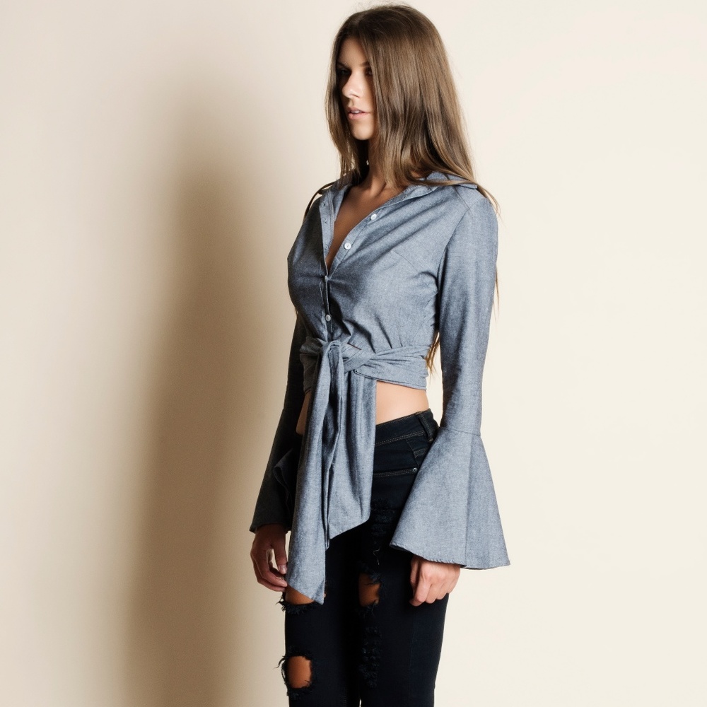 Tie Up Button Down Top (light blue) - Picture 3 of 4