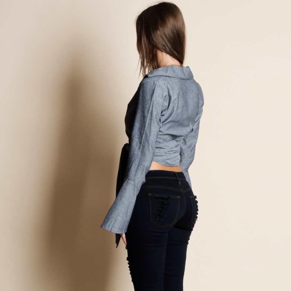 Tie Up Button Down Top (light blue) - Picture 2 of 4