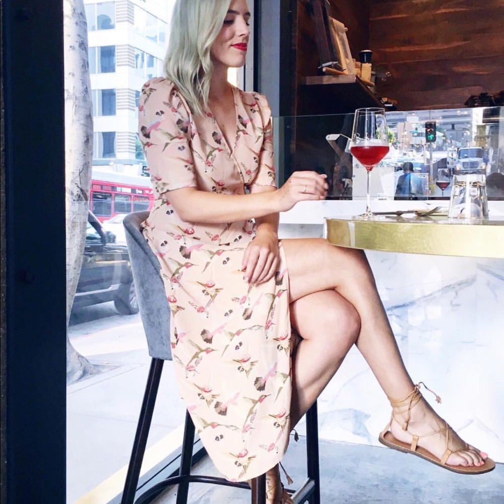 Blush hummingbird patterned Reformation wrap dress