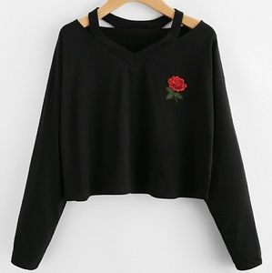 Cut Out Neck Rose Patch Tee