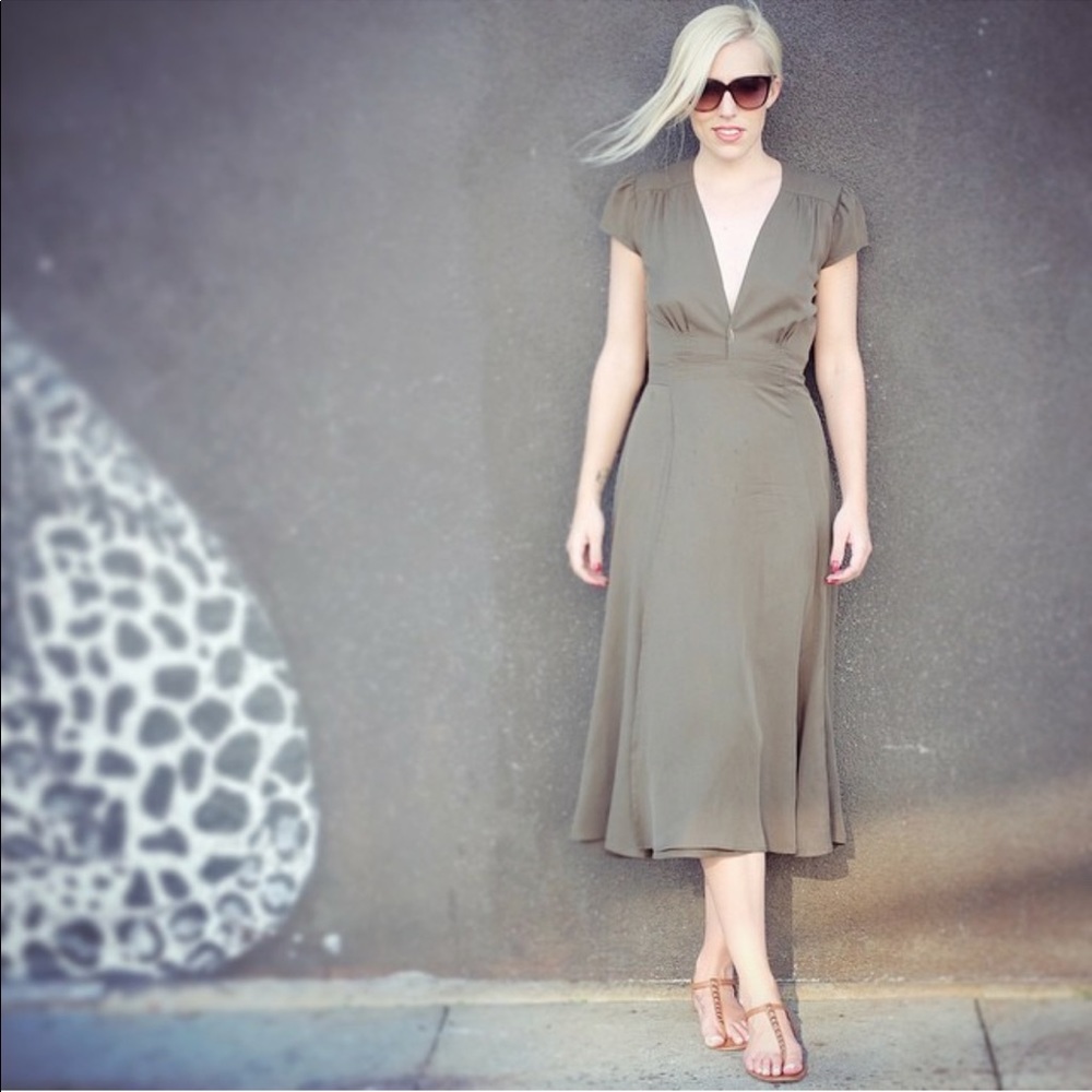 Army green Reformation midi wrap dress