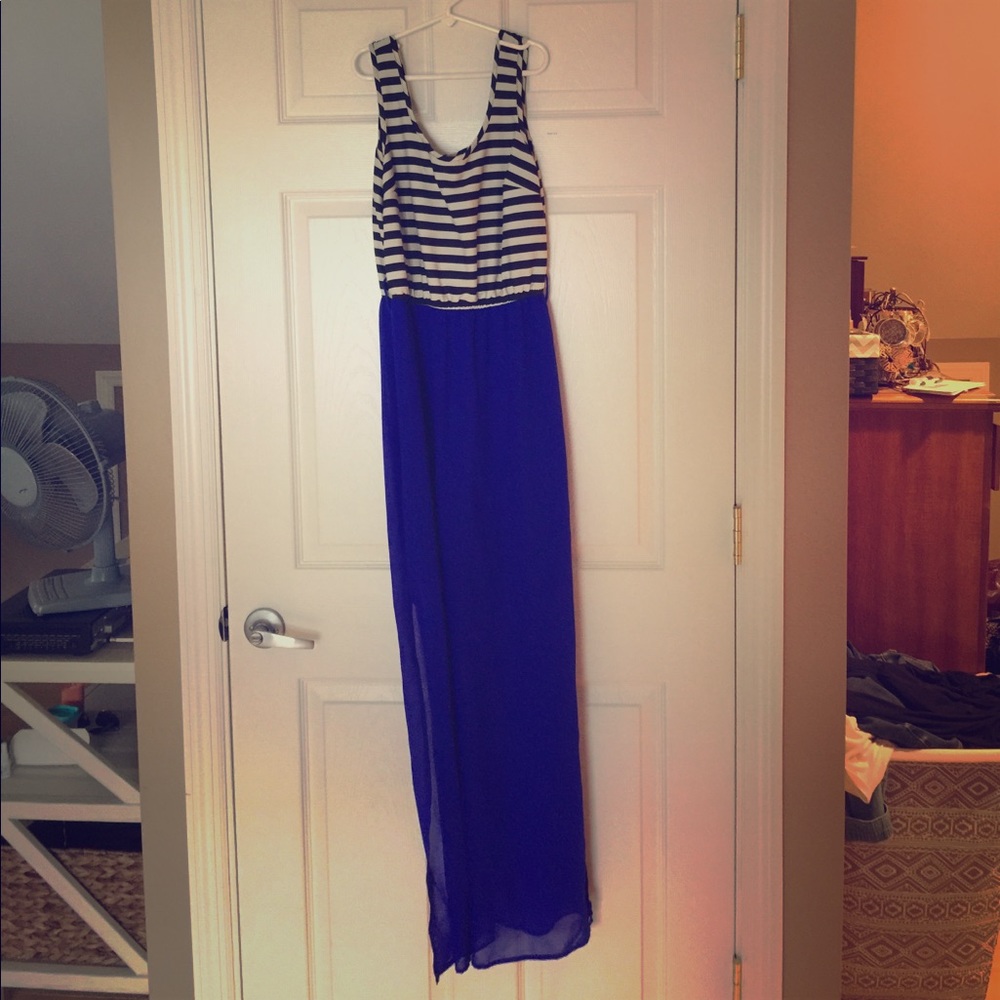 Stripped top w royal blue sheer overlay