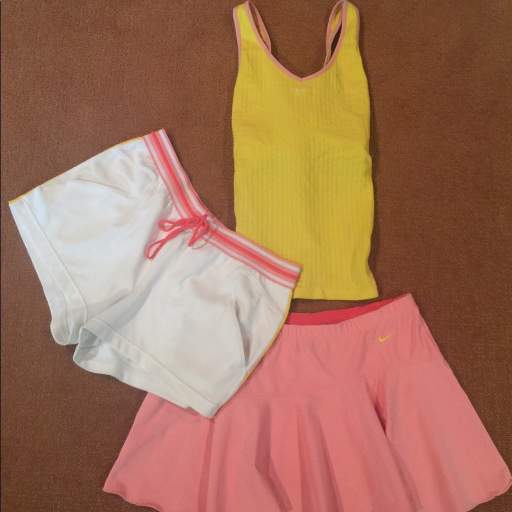Tennis ensemble.  Matching skirt, shirts and top.