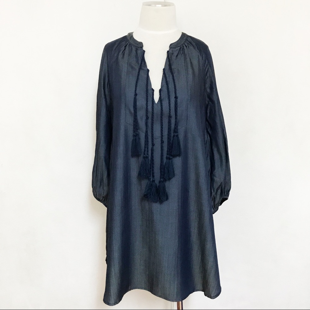 Chambray tassel shift shirt hi-low hem boho dress