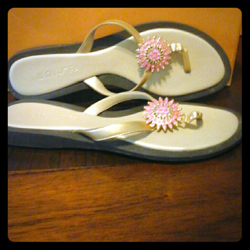 GORGEOUS gold sandals with pink jeweled design