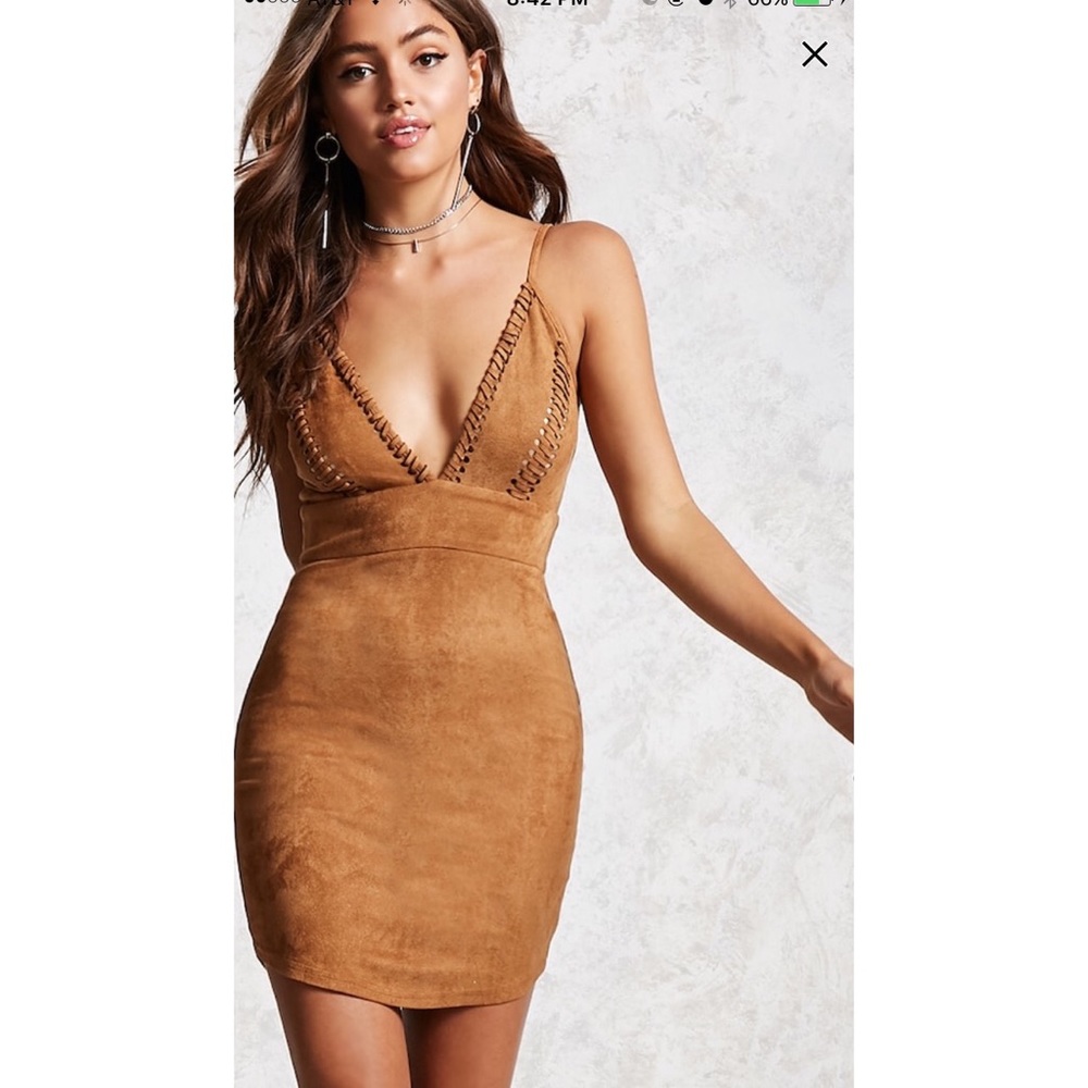 Faux suede body con dress- camel