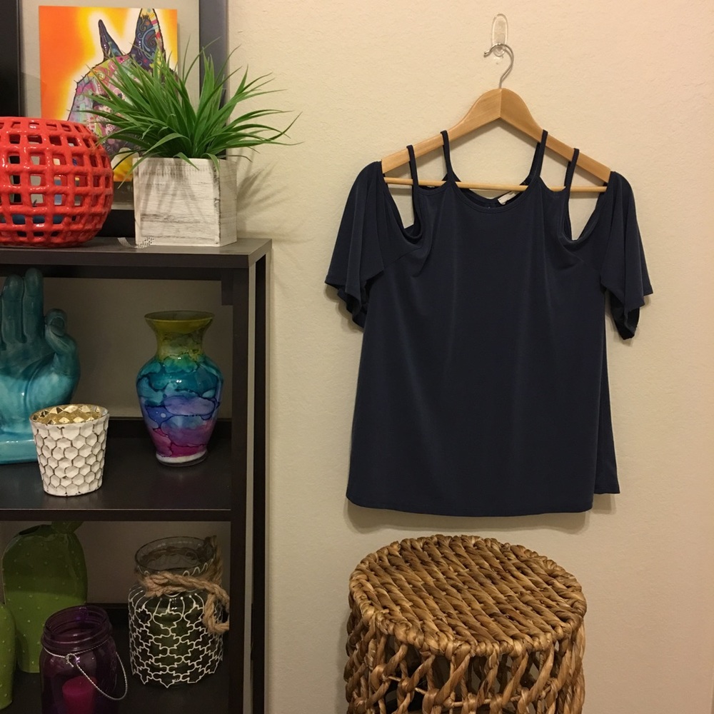 Navy blue cut out shoulder top