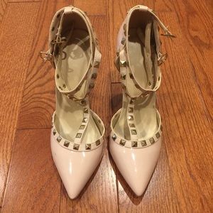 Nude Studded T-strap Pumps