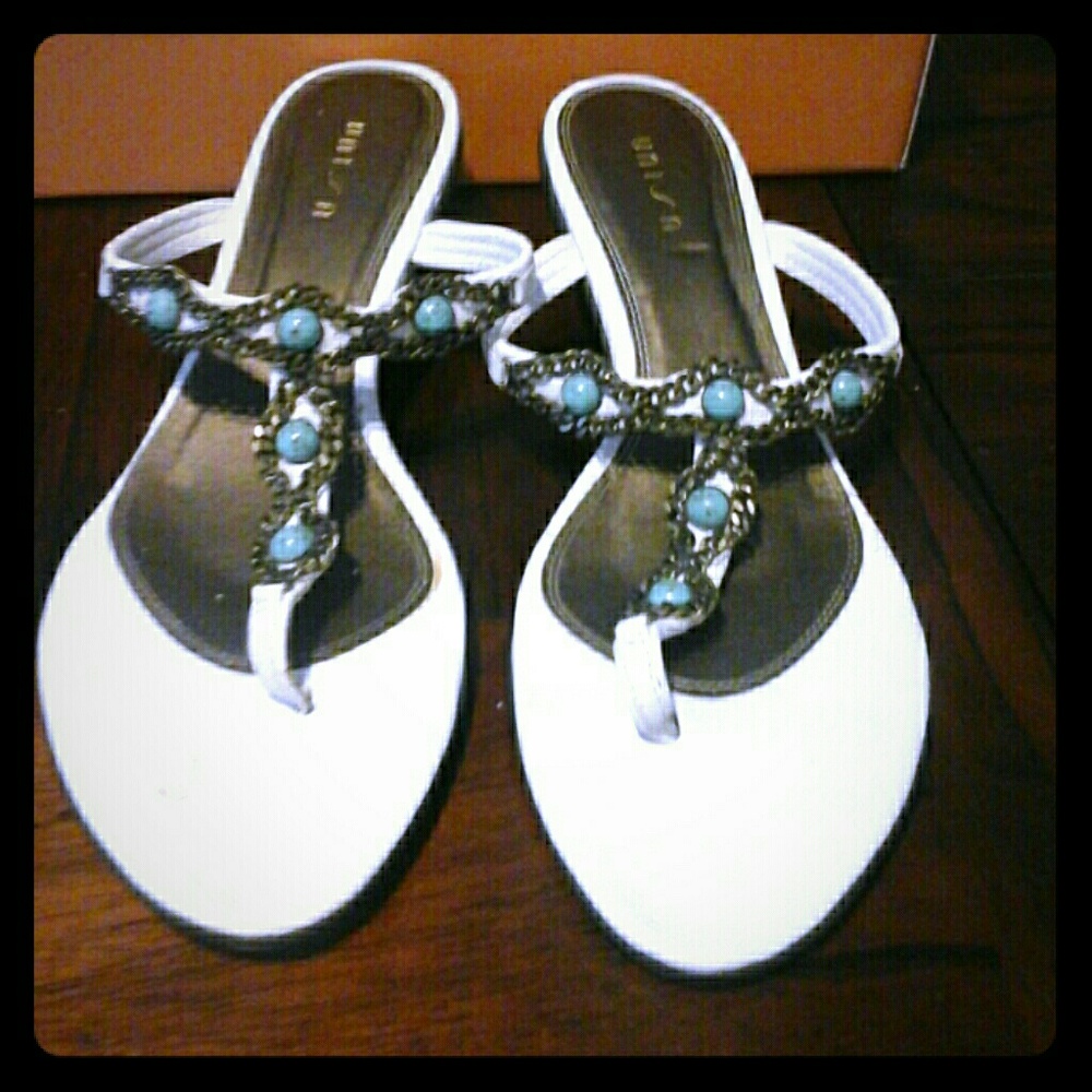 white 1" sandals with turquoise design