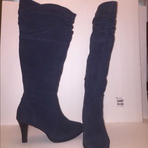 Blue suede wide calves knee high boots