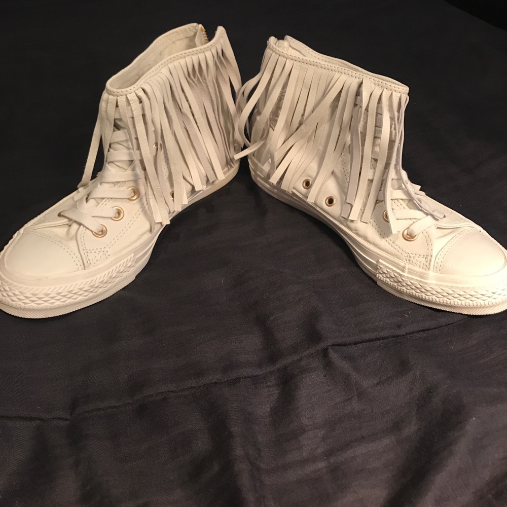 White leather fringe converse