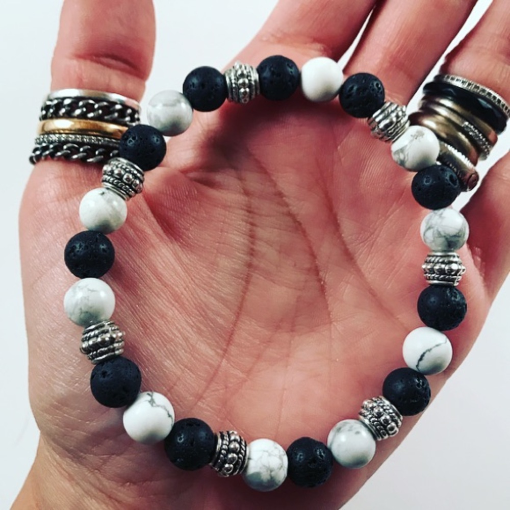 Men or women howlite lava rock silver bracelet